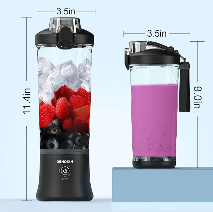 DENOKIN Portable Blender 20oz Vessel Cordless Personal Size Blend with 6 Blade and a Travel Lid (Elegant Black)