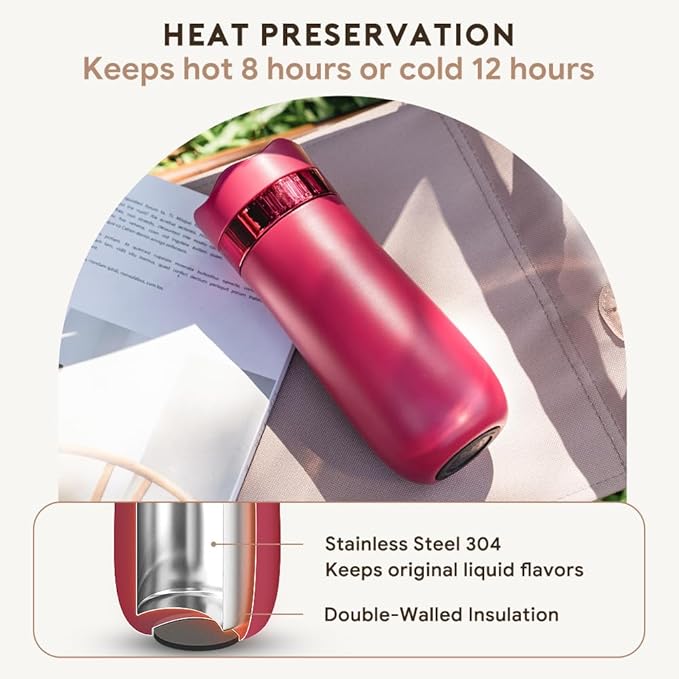 BENFUCHEN Travel Coffee Press Vacuum Insulated Portable French Press Stainless Steel Portable Coffee Maker/Tea Press 12oz Rose Red