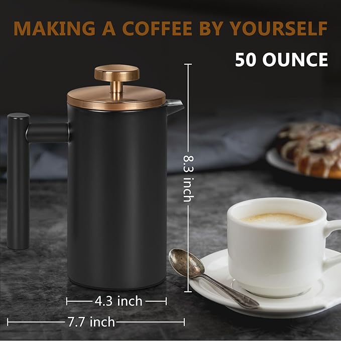 Black Stainless Steel French Press Coffee Maker Double Wall Insulated French Pressfor Coffee&ampTeawith 3 Extra Screens and a Coffee Spoon50oz/1500mlGold