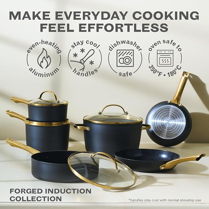 Farberware Forged Induction Ceramic Nonstick Pots and Pans Set with Lids and Kitchen Cooking Tools - Dishwasher Safe Suitable for All Stovetops 12 Piece Cookware Set - Black and Gold