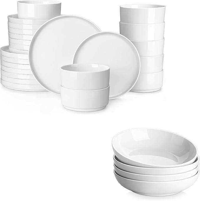 MALACASA 24 Pieces Porcelain Dinnerware Set Bundles 42 OZ White Pasta Bowls Set of 4
