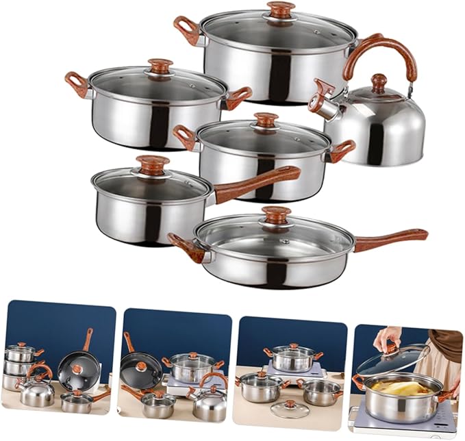 IMIKEYA 12-Piece Stainless Steel Cookware Set Induction-Compatible Pots Pans Including Milk Pan Soup Pot and Kettle Easy to Clean Cookware for Home Kitchen