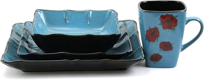16 Piece Stoneware Dinnerware Set Square Dinnerware Collection for 4 Dishwasher &amp Microwave Safe Dishes in Blue Floral Design