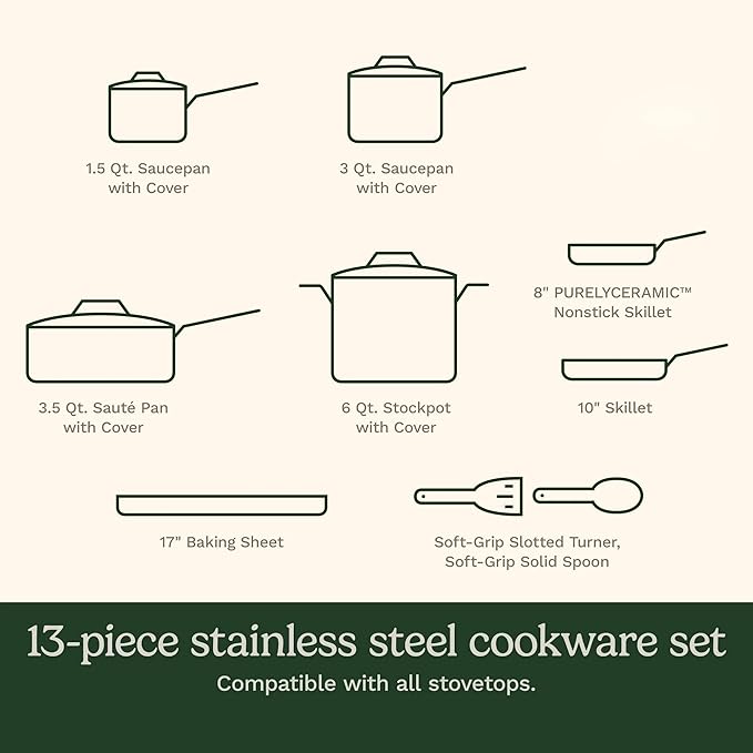 13-Piece Stainless Steel Cookware Set with Glass Lids and Kitchen Utensils