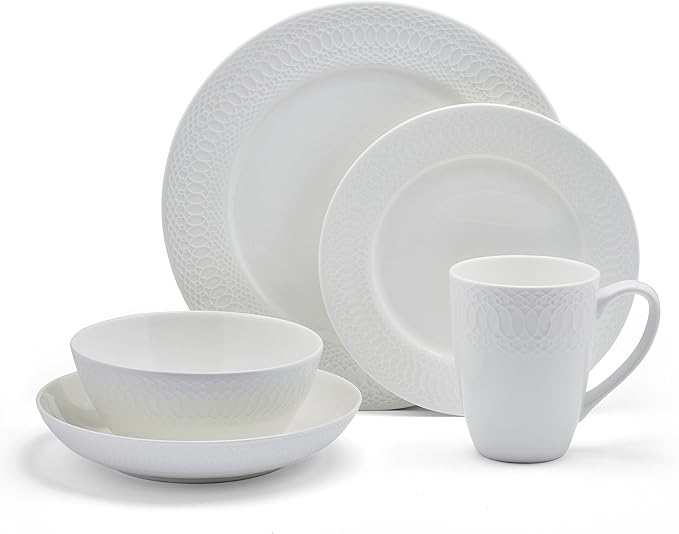 Mikasa Levi 40 Piece Bone China Dinnerware Set Embossed Plates Bowls Chip-Resistant Lightweight Elegant and Durable Service for 8 White