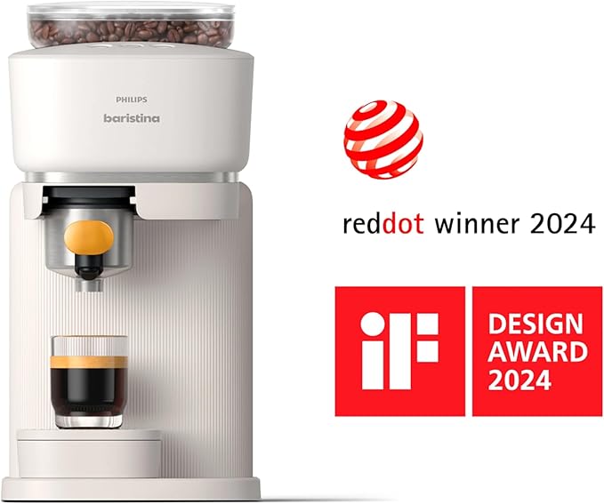 Philips Baristina Espresso Machine Grind Tamp &amp Brew Coffee Beans in One Swipe Compact 16 Bar Pump Pressure Automatic Grinder White with Mango Portafilter (BAR310/50)