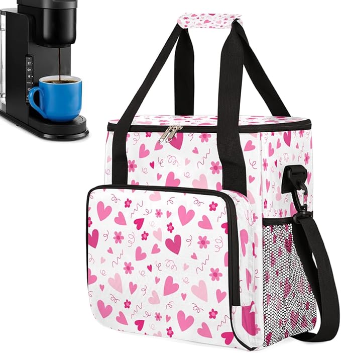 Valentine Pink Heart Flowers Coffee Maker Carrying Bag Coffee Machine Travel Storage Bag Compatible with K-Mini or K-Mini Plus Portable Single Serve Coffees Brewer Case with Pockets for K-Cup Pods