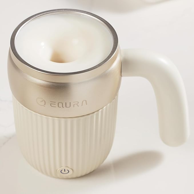 EQURA Automatic Self Stirring Coffee Mug Rechargeable Megnetic Auto Mixer Cup 15oz for Coffee/Milk/Tea/Cocoa for Home/Travel/Office Gifts for Birthday/Christmas (White)