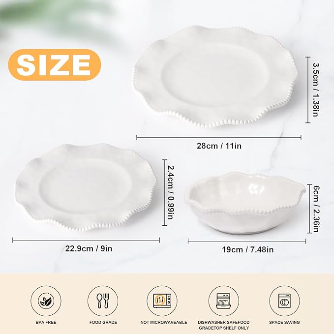 Melamine Dinnerware Sets Service for 4 Cream Plates and Bowls Set with Beaded Edge BPA Free Dishwasher Safe Heavy Duty Shatterproof Unbreakable Tableware for Wedding Party Camping Outdoor