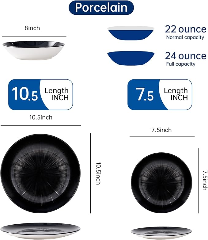 Bestone 12 Piece Round Kitchen Dinnerware SetsPlates and Bowls setsDishes Plates Bowls Dish SetPlates and BowlsService for 4 Chip Resistant Porcelain Starburst Turquoise Black