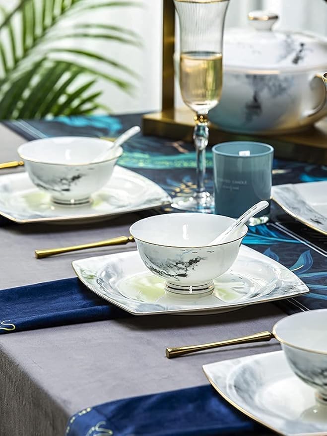 Dinnerware Set Dinner Party Tableware Service Set 38/70 Pieces Chinese Dinnerware Set Ceramic Marble Effect T