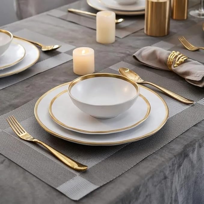 Porcelain Dinnerware Sets 12 Piece Service for 4 Dishes Round Plates Bowls Golden Rim Dish Set for Home Decor