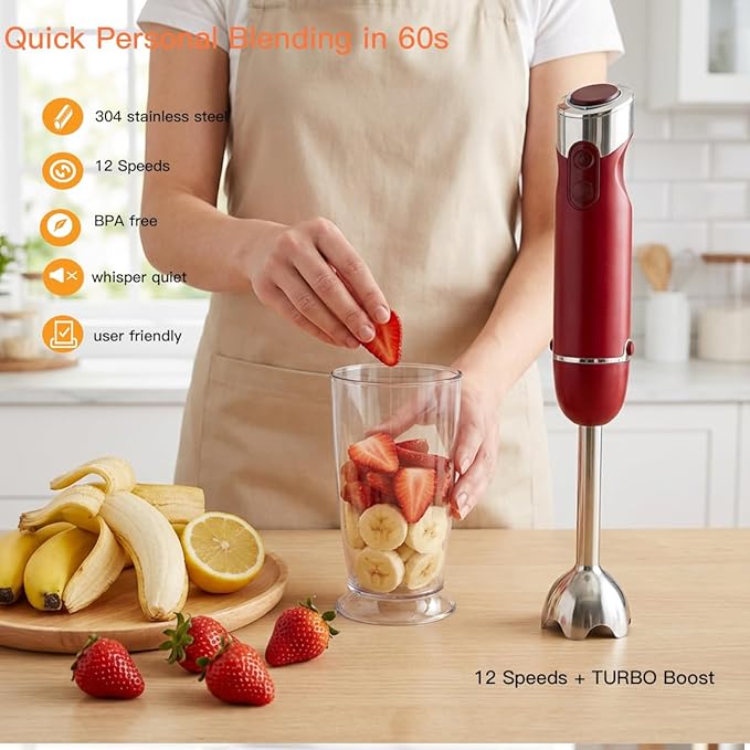 Megawise HB-2053 5-in-1 Hand Immersion Blender Set 1000W Powerful Stick Blender with Turbo Mode Variable Speed Control Stainless Steel Blade Includes Whisk Milk Frother Chopper Bowl &amp Beaker