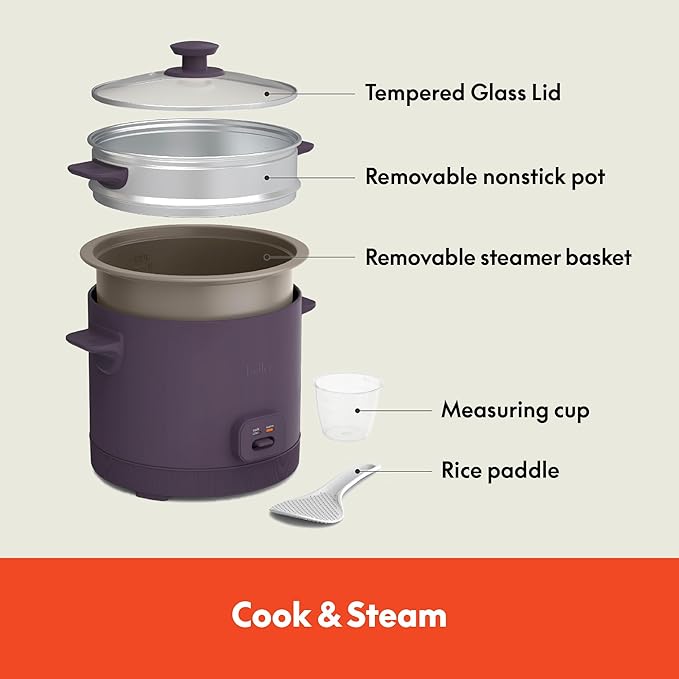 bella 16 Cup Rice Cooker with Steamer Dishwasher Safe Steaming Basket Rice Paddle and Measuring Cup Removable Nonstick Cooking Bowl Automatic Keep Warm Function 400 Watt Plum