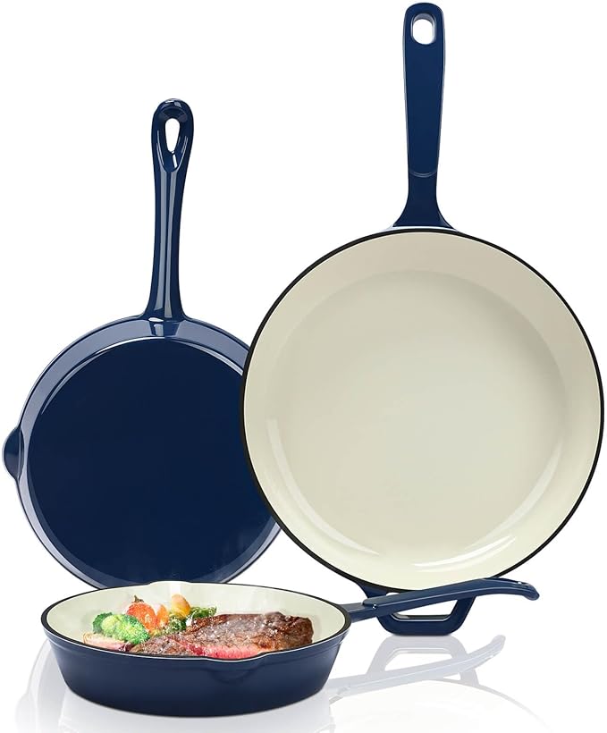 Hisencn Enameled Cast Iron Skillet Set - 3 Piece Ceramic Coated Fry Pan Set(8''9.5'' 11'') PFAS/PTFE/PFOA Free Oven &amp Induction Safe Navy Blue Cookware for Gas/Electric Stovetop