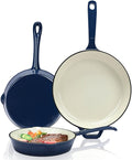 Hisencn Enameled Cast Iron Skillet Set - 3 Piece Ceramic Coated Fry Pan Set(8''9.5'' 11'') PFAS/PTFE/PFOA Free Oven &amp Induction Safe Navy Blue Cookware for Gas/Electric Stovetop