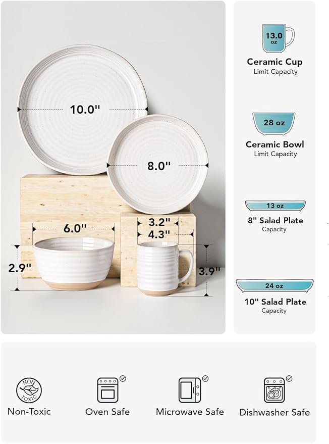 LE TAUCI Dinnerware Sets 16 PCS Stoneware Plates and Bowls Set House Warming Wedding Present Serve for 4 (10 Dinner Plates + 8 Salad Dish + 28 oz Cereal Bowl+12oz coffee mugs) x 4 Arctic White