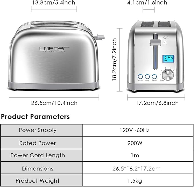 Lofter 2 Slicer Toaster with Bagel Function Stainless Steel