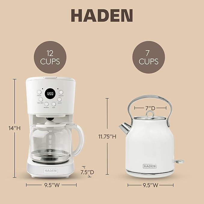 HADEN Coffee Machine 12 Cup Drip Coffee Maker Bundled with Heritage 1.7 Liter Stainless Steel Electric Kettle Ivory &amp Chrome