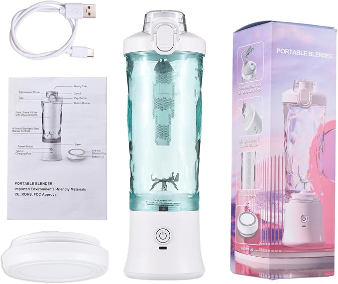 Portable Blender for Smoothies Shakes Juice 20 Oz for Gym Home Office Travel Personal Small Mini Glass Mixer with 6 Blades 150W USB Rechargeable Electric Handheld Blender Cup Watter Bottle