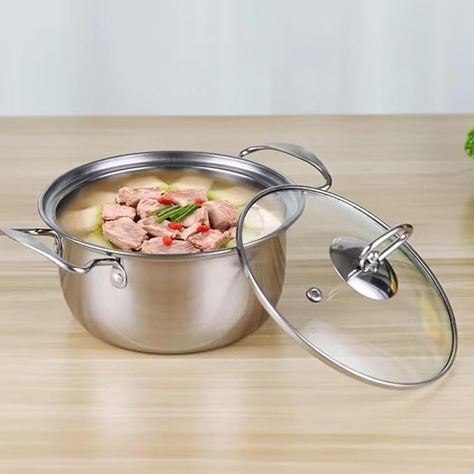 5pcs Pots Kitchen Cookware Set 6.3-9.4in Stainless Steel Saucepan with Glass Lid 2 Handle Non Stick Stockpot Soup Pot for Cooking Dishwasher Safe Induction