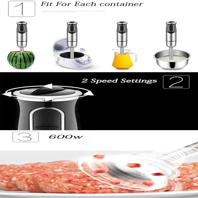 Immersion Blender 600W 2-Speed Hand Blender Hand Blender Set Includes Stainless Steel Stick Blender Chopper Beaker Whisk BPA-Free