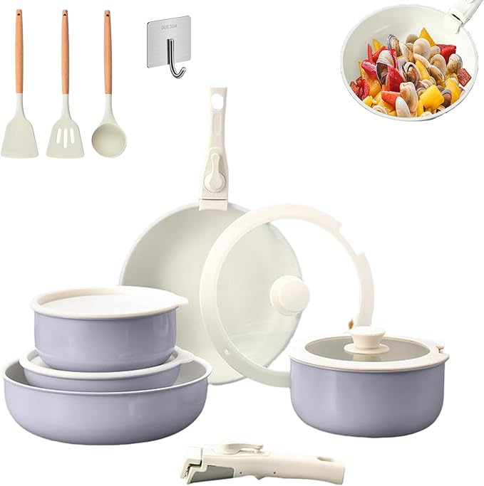 Pots and Pans Set Non Stick Cookware Set with Detachable Handles 5/11 Piece Ceramic coating Cooking Set with Frying Pan Saucepan Stock Pot Suitable for All Stovetops Dishwasher Safe (Purple5)