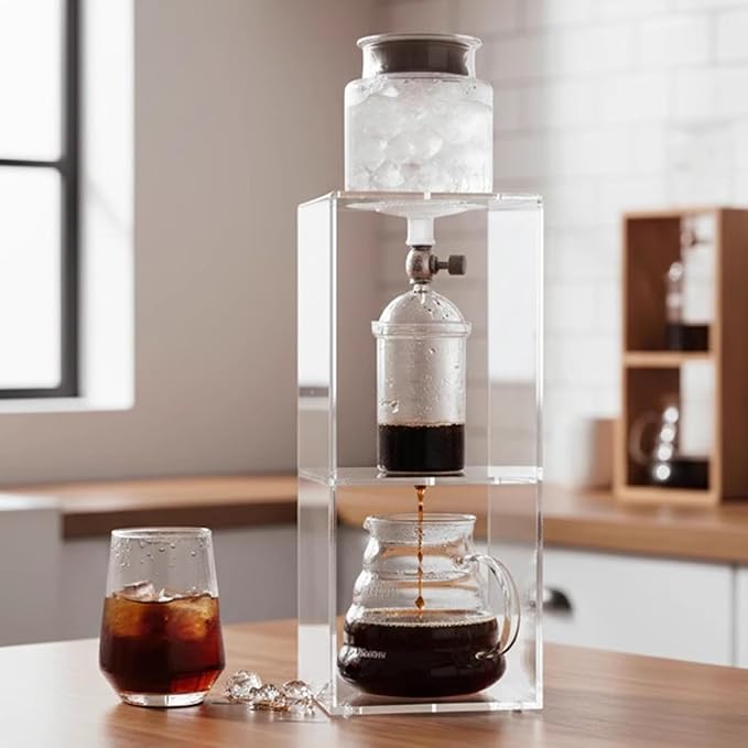 Cold Brew Coffee Tower Ice Drip Coffee Maker with Adjustable Drip Speed Valve Acrylic Stand 600ml Glass Pot for Home Coffee Shop Makes 2-4 Cups