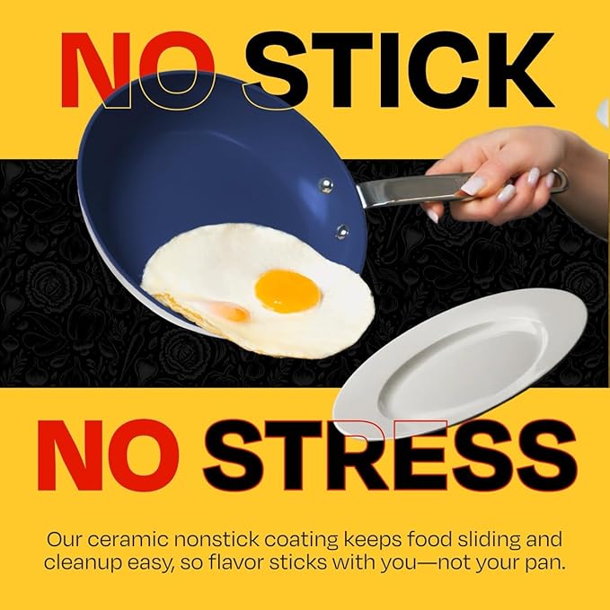 Guy Fieri's Flavortown 2-Piece Ceramic Cookware Set Nonstick Frying Pan Set 10 and 12 Easy-Clean Kitchen Cookware Made without PFAS PTFE PFOA Induction Compatible Dishwasher Safe Blue &amp Wh