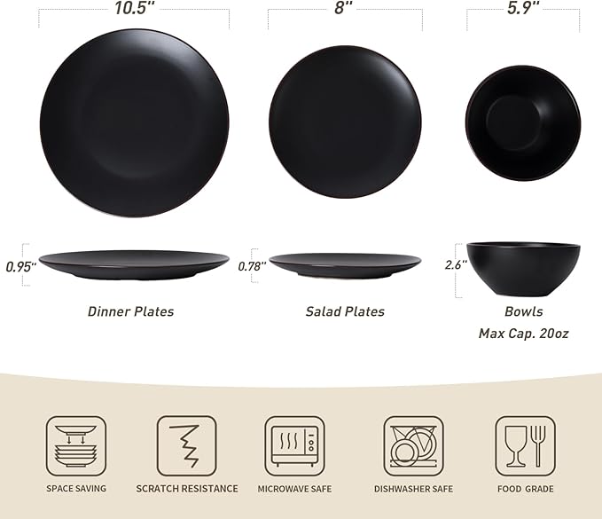 Famiware Venus Dinnerware Sets and Mercury Pasta Bowls Set and Mercury Coffee Mugs Set of 4 20 Pieces Plates and Bowls Sets Microwave and Dishwasher Safe Matte Black