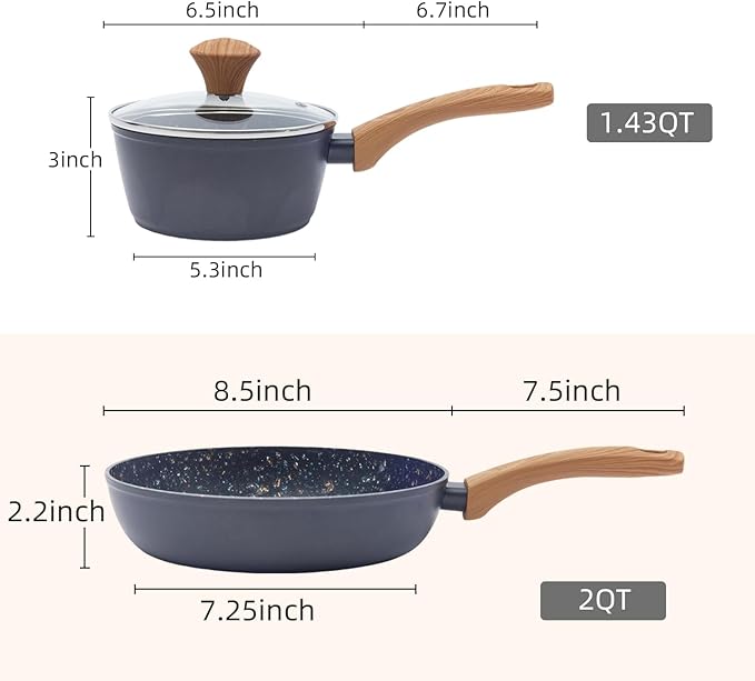 2-Piece Nonstick Cookware Set 8.5 Inch Frying Pan &amp 1.43QT Saucepan with Lid | PFAS &amp PFOA Free Non-Toxic Coating | Induction Compatible Dishwasher Safe | Pots and Pans Set for Beginner Kitc