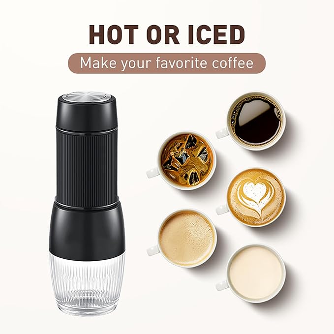 Home Drip Coffee Brewer 2 IN1 Travel Coffee Maker 60ML Water Tank Capacity and 18 Bar Pressure Fast Heating Extraction and Removable Cleaning Brewing Evenly For Camping Travel Hiking