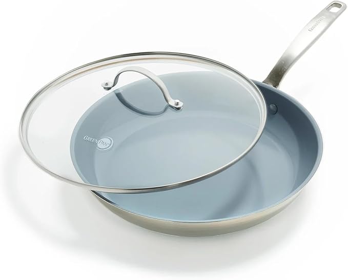 GreenPan Treviso Stainless Steel Healthy Ceramic Nonstick 12 Frying Pan Skillet with Lid PFAS-FreeClad Induction Dishwasher Safe Silver