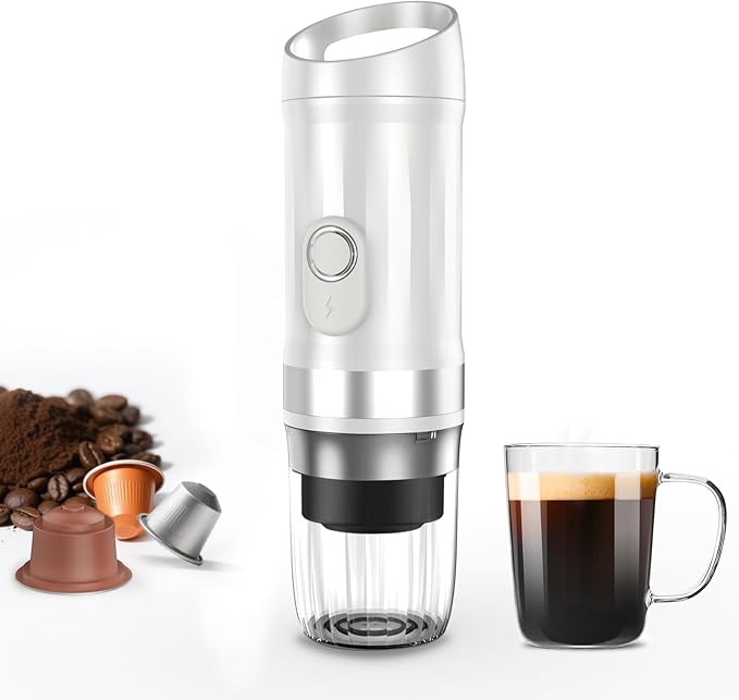 Portable Espresso Machine 3Minute Auto Heat12V Rechargeable Electri Coffee Maker 20 BaCompatible with NS DG Capsules and GroundCoffee for Camping Travelling RVing HikingandOffice (White)
