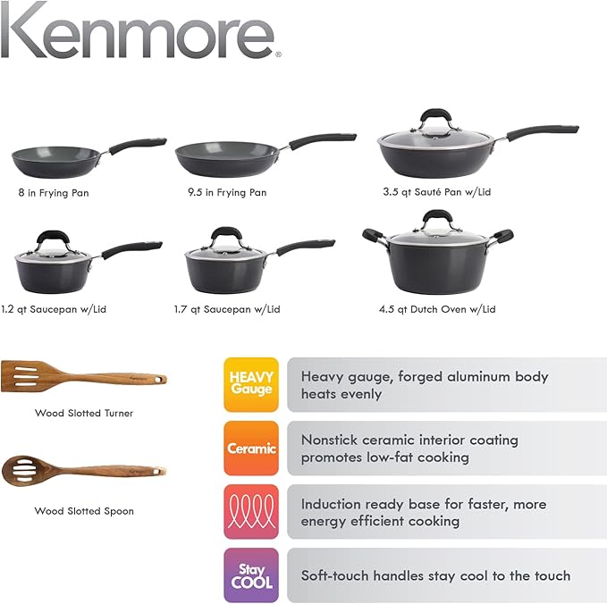 Kenmore Arlington Healthy Nonstick Ceramic Coated Forged Aluminum Induction Cookware 12-Piece Black Exterior/Grey Interior