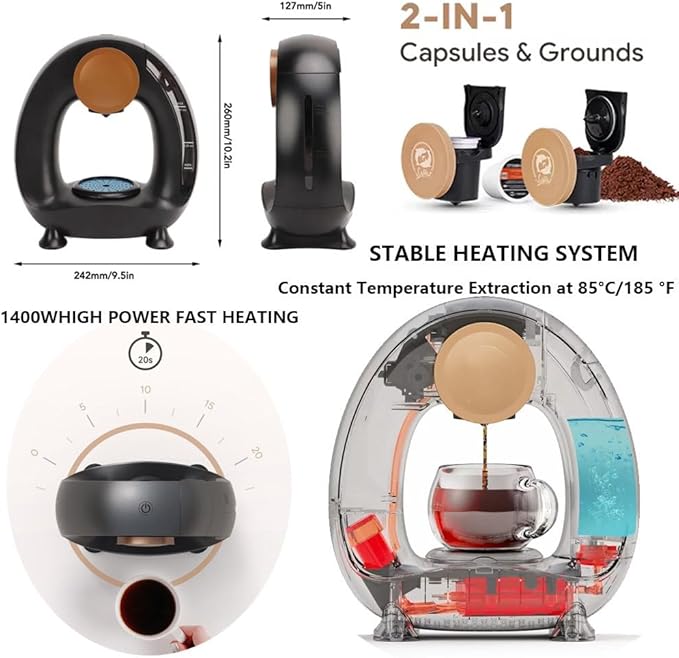 Portable Drip Coffee Maker Single-Serve Coffee Maker 85 °C Constant Temperature 20S Fast Heating Extraction 240ml Removable Water Tank for Office Home Silver-Powdered