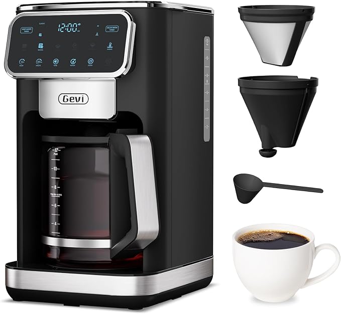 Gevi 12-Cup Programmable Coffee Maker with Touchscreen Strong Brew &amp Iced Coffee Options Auto Shut-Off 4-Hour Keep Warm Glass Carafe Anti-Drip System Permanent Filter Included