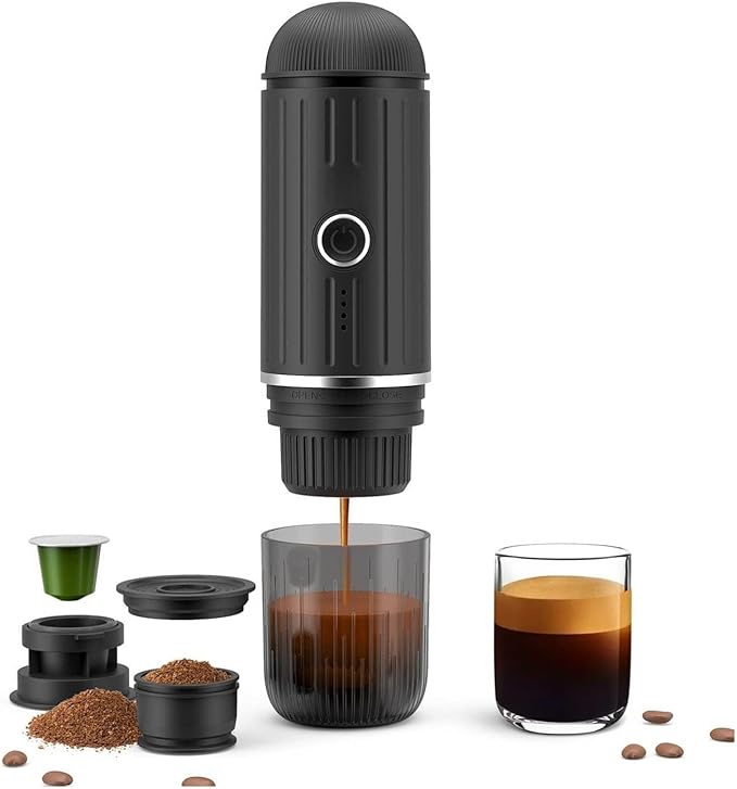 Portable Espresso Machine with 3-4 Min Self-heating 12V Rechargeable Electric Coffee Machine 19 Bar Compatible with NS Capsules and Ground Coffee for Car Camping Travelling