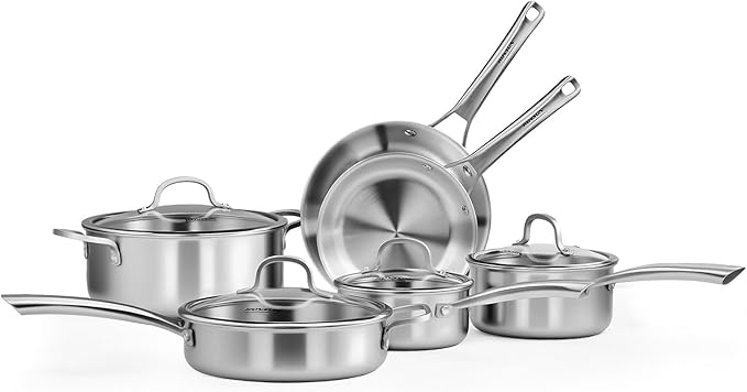 ROVSUN 10-Pcs Stainless Steel Cookware Set Tri-Ply Pots and Pans Set Non-Toxic Kitchen Set PFOA &amp PTFE Free Full Clad Frying Pans Saucepans Saute Pan &amp Stock Pot Compatible for All Cook