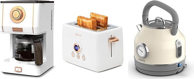 Amaste White Coffee Maker &amp White Toaster &amp White Retro Electric Kettle Set