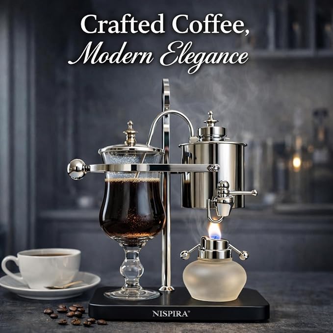 Nispira Belgian Balance Syphon Vacuum Coffee Maker 500 ml Vintage Gravity Brewing System Silver Finish Manual Tabletop Coffee Brewer