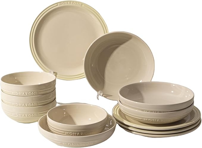 12-Piece White Ceramic Dinnerware Set - Monazone Series Service for 4 Includes Bowls &amp 8''/9'' Plates Glossy Finish