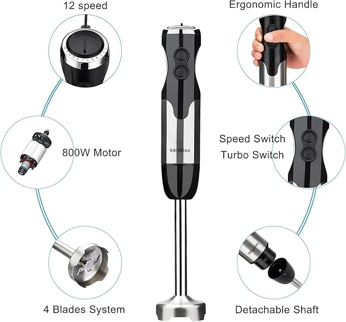 Keylitos 5 in 1 Immersion Hand Blender Mixer [Upgraded] 1000W Handheld Stick Blender with 600ML Chopper 800ML Beaker Whisk and Milk Frother for Smoothie Baby Food