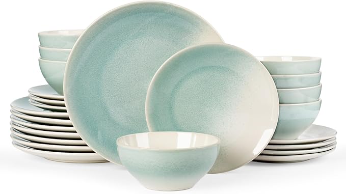 Famiware Glacier Dinnerware Sets Plates and Bowls Dish Sets for 8 (24 Pieces) Stoneware Tableware - Dishwasher and Microwave Safe Handcrafted Reactive Glaze Aqua