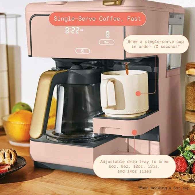 Multi-Brew Coffee Maker – 12-Cup Carafe &amp Single-Serve Pod or Grounds Iced Coffee Mode Programmable Touch Display Includes Filters (Rose)
