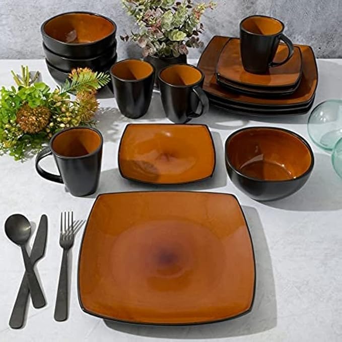 16 Piece Square Two-Tone Stoneware Dinnerware Set For 4 | Reactive Glaze FinishDishwasher &amp Microwave Safe Expertly Crafted | Perfect for Kitchen Dining Black Orangish Shade Modern Appearance