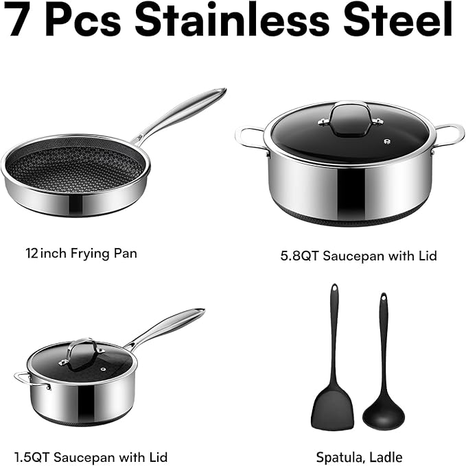 7-Piece 5 Ply Stainless Steel Cookware Set with Lids Pots and Pans Set Non Stick Non-Toxic for Induction Oven Dishwasher Safe RV Essentials Kitchen Appliances