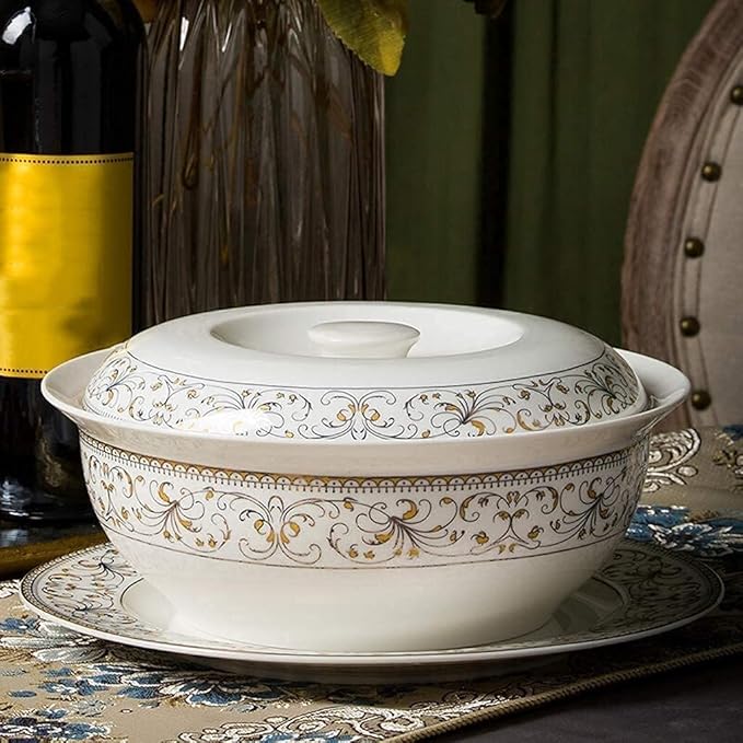 Dinnerware Set Ceramics Dinnerware Set with 50-PieceBowl/Stockpot/Dish/Spoon|Bone China Dinner Sets Rim Porcelain Combination Set Plates