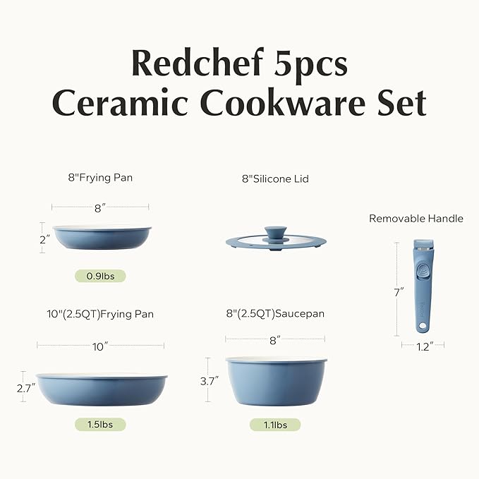 Redchef Ceramic Cookware Set Removable Handle Pots and Pans Non-Stick Rv Cookware Set Non-Toxic Pots and Pans Set No PFAS PTFE PFOA Detachable Pots and Pans Dishwasher &amp Oven Safe(Blue)
