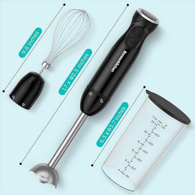 Bonsenkitchen Immersion Blender 12-Speed &amp Turbo Electric Stick Blender with Sharp Blades Egg Whisk 24oz Beaker Perfect for Soups Smoothies Sauces Easy Clean Versatile